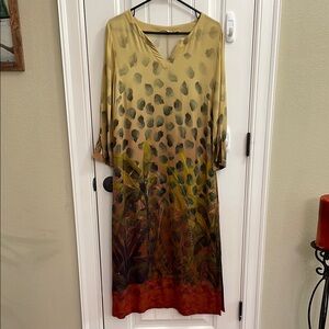 Soft Surroundings Gold and Red Tropical Print Dress Size Small